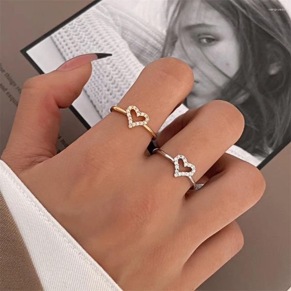 Anillos de boda con incrustaciones de circonita, corazón hueco de amor, anillo para mujer, joyería geométrica ajustable con apertura en forma de corazón