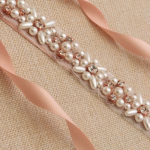 Wedding Sashes Bridal Belt Rose Gold Rhinestone Pearls Accessoires 100% handgemaakte witte ivoren blushshes