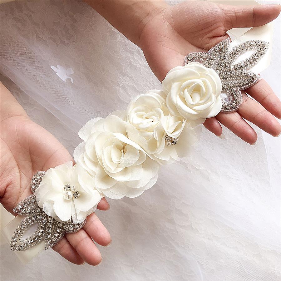 الزفاف شيفون زهور الزفاف حزام الحزام راينستون لباسك لعروس إكسسوارات أبيض