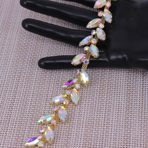 Fajas de boda Hojas de colores Forma Cristal Rosa Oro Plata Oro AB Rhinestones Recorte Cinta de cadena de metal para vestido Bolsa Zapatos A304J