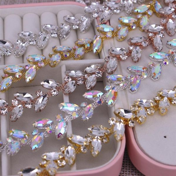 Fajas de boda Forma de hojas coloridas Cristal Oro rosa plata oro AB Diamantes de imitación Recortar Cadena de metal Cinta para vestido Bolso Zapatos A267T