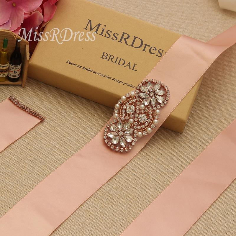 Faixas de casamento MissRDdress Cinto de cristal elegante pérola nupcial rosa ouro strass faixa de vestido para acessórios jk931