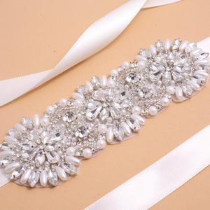 Wedding Sashes Nzuk Crystal Pearls Ribbons Sash Silver Rhinestones Bridal Belt voor avondfeestjurkaccessoires