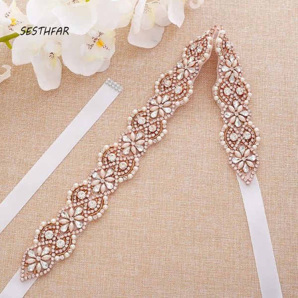 Chauchons de mariage Rigroises Bridal Belt Pearls Simple Crystal Sash Rose Gold for Night Robes J175RG 314N