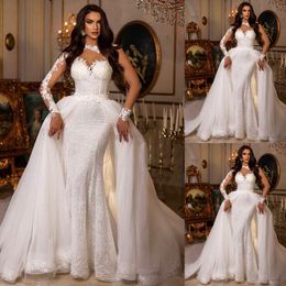 Mariage sexy robe sirène illusion bijou couche à manches longues appliques en dentelle robes de mariée avec train de train détachable robe de soirée