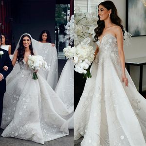 Bruiloft Sexy Sweetheart Jurk Strapless Kralen Parels Bloemen A-lijn Sweep Trein Bruidsjurken Landelijke Stijl Grote Maten Bruidsjurken