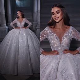 Robe de mariée à paillettes brillantes et perles, tenue de bal princesse, col en V, manches longues, sur mesure, grande taille