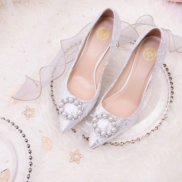 Chaussure de mariage femme nouvelle dentelle fil de mariée chaussures perle talons hauts demoiselle d'honneur mariage argent chaussures en cristal chaussures de mariage