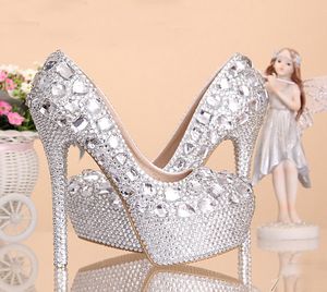 Chaussures de mariage femmes talons hauts cristal mode robe de mariée chaussures femme plates-formes argent strass fête bal Pumps205r