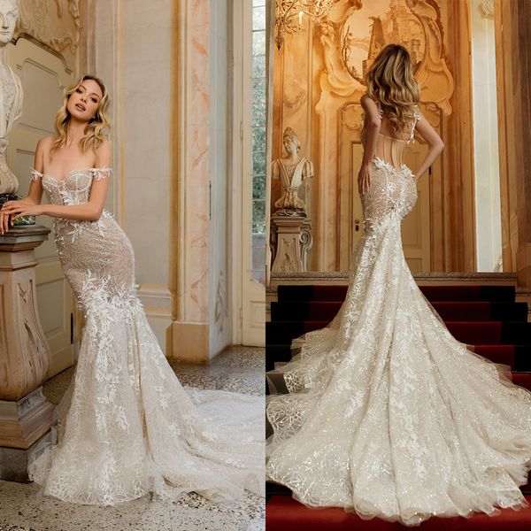 Robe de mariée sirène à paillettes simples, épaules dénudées, avec des Appliques florales, Illusion de robes de mariée sur mesure