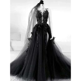 Mariage sans manches gothiques robes noires vestiges de la robe nuptiale de novia 3d floral d'applique côté fente haute fente de taille en tulle plus taille