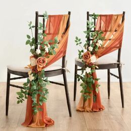 Wedding Solid Color Chair Sashes met kunstmatige zijden rozenbloem voor El Wedding Party Decoration Props Aisle Chair Decor 240430