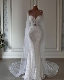 Boda Vestidos de sirena con estilo Sin mangas Cuello en V D Apliques de encaje Lentejuelas Con cuentas Hasta el suelo Perlas Cortinas Tallas grandes Vestidos de novia elegantes Abiti Da Sposa