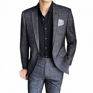 Costume de mariage pour hommes à carreaux minces deux pièces ensemble busin formel coréen blazer pantalon marié Dr Party Costume Homme i2iA #