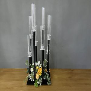 Bruiloft tafel decoratieve centerpieces 8 Arm Clear Acrylic Cup Tall Black Metal Candle Houders Senyu716
