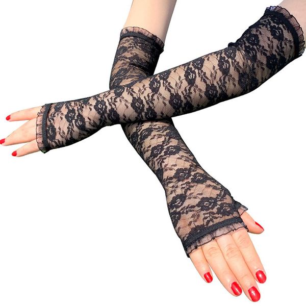 Gants de mariage transparents sans doigts en dentelle pour femmes, 40CM, noir, rouge, blanc, mode printemps mariée, mitaines longues Sexy