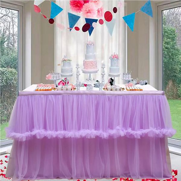 Jupe de Table en Tulle de mariage 6FT9FT, couverture de décoration de salle à manger en maille violette rose blanche pour réception et Banquet 240322