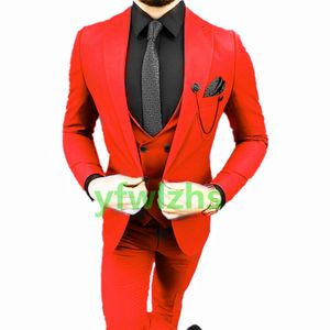 Wedding Tuxedos Red Men Suits Groomsmen Peak Rapel Bruidy Tuxedos Wedding/Prom Man Blazer Jacket Pants Vest Tie W969