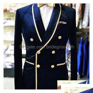 Bruiloft Smokings Smokings Marineblauw Double Breasted Bruidegom Sjaal Revers Veet Suits Mannen Party Blazer Prom Business Designer Jas Slechts één Dho2L