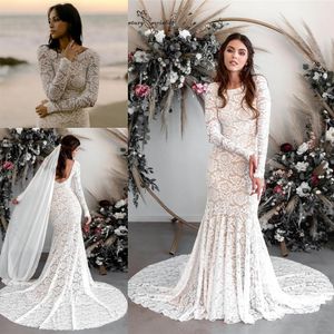 Robes de mariée vintage bohème sirène 2022 sexy pleine dentelle dos nu à manches longues plage boho pays robe de mariée robes de novia