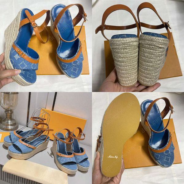 Coin hélio sandale 1acizp bleu denim dames sandales sandales classiques rétro antidérapant semelle extérieure sandales de coin gré