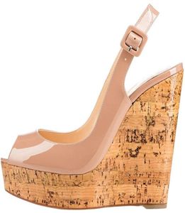 Wedge sandalen dames039S schoenen mode naakt zwart patent lederen helling hakken schoen open tenen slingback 16 cm hoge hiel sandaal siz5208179