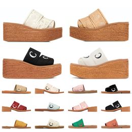 Sandales de créateurs compensées pour femmes, diapositives à plateforme, lin brodé, beige, noir, blanc, rose, pantoufles douces, chaussures de plage, sandales à talons bas 35-42