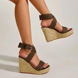 Sandales à talons compensés pour femmes, chaussures solides, décontractées, avec boucle, romaines, 69428