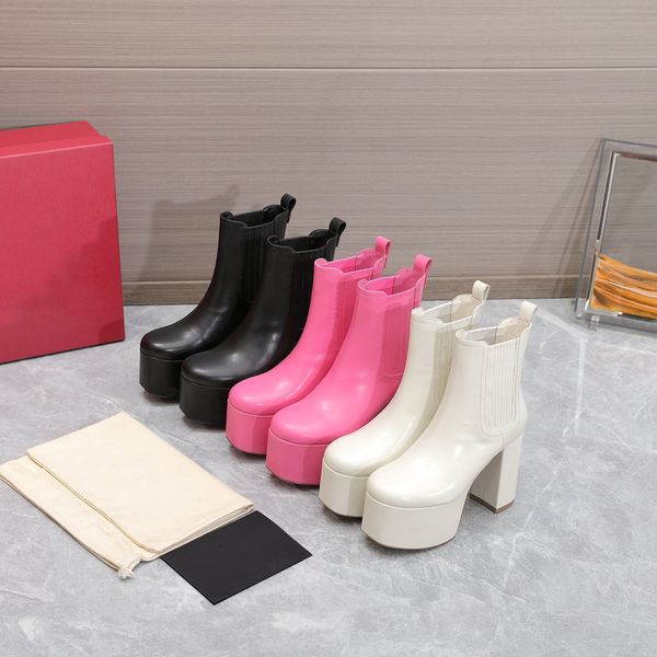 Cuñas para mujer Tacones súper altos Botines de mujer de alta calidad Zapatos de plataforma Punta redonda Tacones gruesos de cuero genuino Botas cortas de pasarela tacón