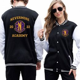 Miércoles Addams Chaqueta de béisbol Mujeres Hombres Chaqueta de bombardero Ropa de calle Ropa de calle Hip Hop Universidad Uniforme de béisbol Pareja Top suelto B5rx #