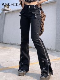 Weekeep Gothique Taille Basse Noir Punk Denim Pantalon Femmes Mode Zip Up Split Casual Jeans Streetwear Harajuku 90s Hip Hop Pantalon 220813