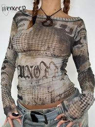 Weekeep-Top corto de malla Retro Grunge y2k, estampado Vintage, manga larga transparente, camiseta Sexy, ropa para discoteca, trajes de moda 240127