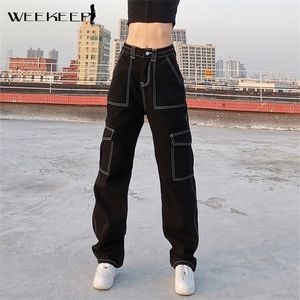 Weekeep Poches Patchwork Baggy Jeans Mode Streetwear 100% Coton Femmes Denim Pantalon Lâche Pantalon Cargo Coréen Harajuku 220216