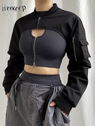 Weekeep Style Punk veste Super recadrée poche zippée Patchwork veste Cargo tenues Streetwear manteau noir mode coréenne 230301
