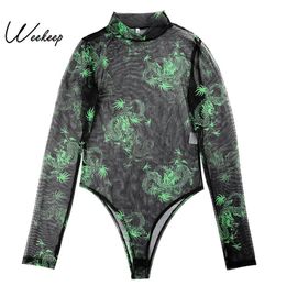 Weekeep Sexy Mesh Perspective Body de manga larga Mujeres Summer Bodycon Dragon Print Streetwear Bodysuits Mujeres 2019 Mamelucos T200116