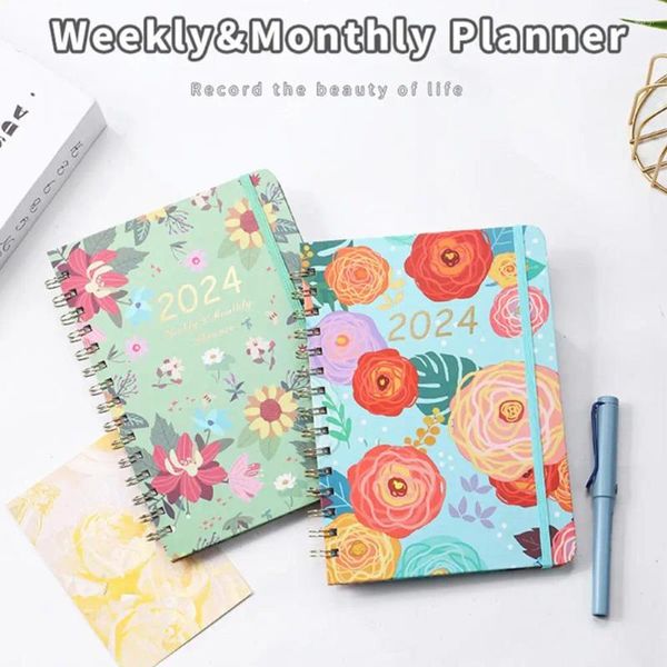 Planificador semanal con estampado Floral exquisito, cuaderno mensual con diseño de bobina, agenda para el hogar y la Oficina, 2024