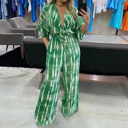 Wefads Femmes Jumpsuit Dolman Sleeves V Neck Lace Up Boited Printing Loose Wide Junes Pants décontractés Romper High Streetwear 240409
