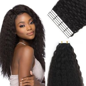 Tour de trame raide pneque dans les extensions de cheveux humains pour les femmes noires remy coiffure cutanée extension de trame invisible de ruban invisible hair naturel noir