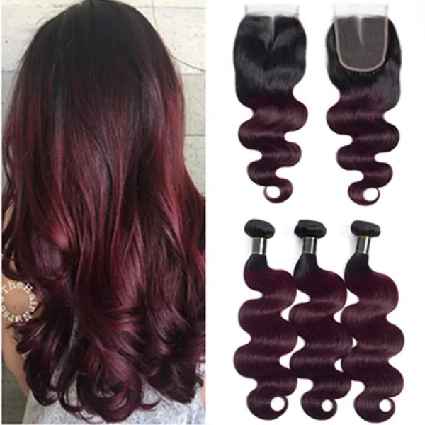 Tramas #1b/99J vino rojo ombre ola de cuerpo tejidos humanos peruanos con cierre de encaje 4x4 ondulado borgoña ombre cabello humano 3bundles con clo