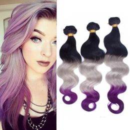 Toutes # 1B / gris / violet ombre vague de corps brésilien Les paquets de cheveux humains affichent 3pcs gris noir à violet 3Tone ombre Human Hair Weave Tofts 10