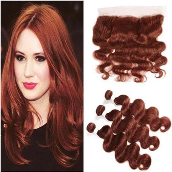 Tramas # 33 Paquetes de cabello humano brasileño virgen castaño oscuro Ofertas con onda frontal del cuerpo El cabello humano marrón rojizo teje con 13x4 Full La