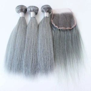 Tourne 3 pcs cheveux avec fermeture cheveux humains gris gris brésilien argent gris extensions de cheveux gris tisser les faisceaux de tissage gris avec fermeture en stock