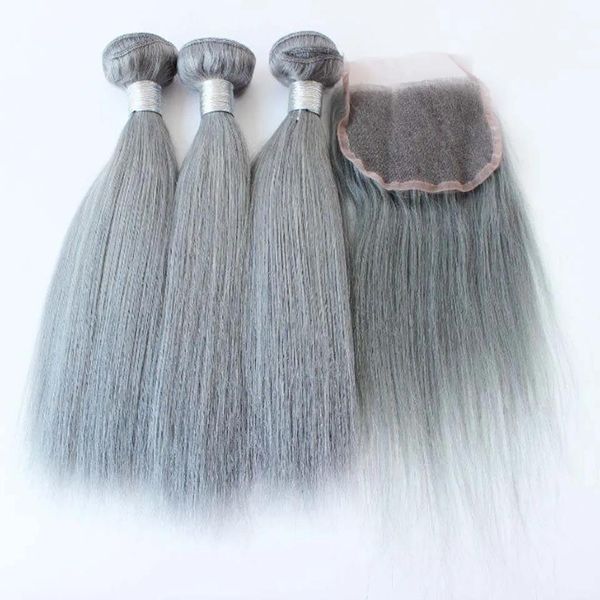 Trames 3Pcs Cheveux avec Fermeture Cheveux Humains Gris Brésilien Droit Argent Gris Extensions de Cheveux Gris Weave Bundles Avec Fermeture En Stock