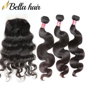 Inslagen 4x4 Zijde Basis Vetersluiting Met Haarbundels Braziliaanse Maagd Haarsluiting Body Wave Inslagverlenging van echt haar Natuurlijke Kleur 4pc Lo