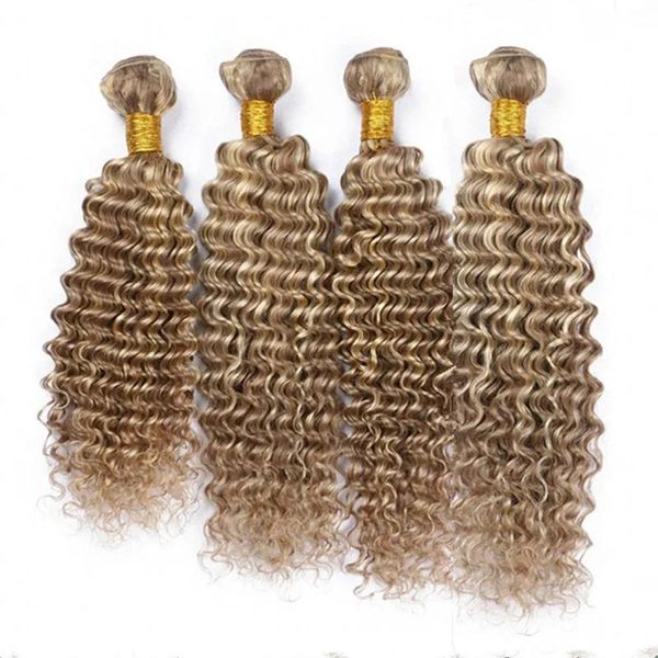 Tramas # 8/613 Extensiones de cabello virgen de color de piano Onda profunda Ondulado 4 piezas Resaltado marrón mezclado con color de piano rubio Tejido de cabello humano indio