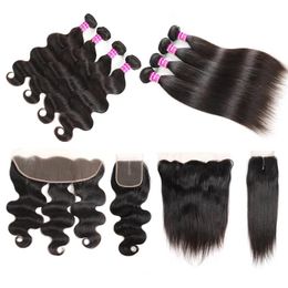 Trames de cheveux vierges brésiliens bon marché, faisceaux de tissage droits avec accessoires frontaux, faisceaux de cheveux remy avec fermeture, cheveux ondulés ex