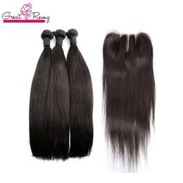 Trames Greatremy Brésilien Soyeux Cheveux Raides Trame avec Fermeture Supérieure 4X4 Fermeture À Lacets Vierge Cheveux Bundles 4PCS Pleine Tête Couleur Naturelle Hu