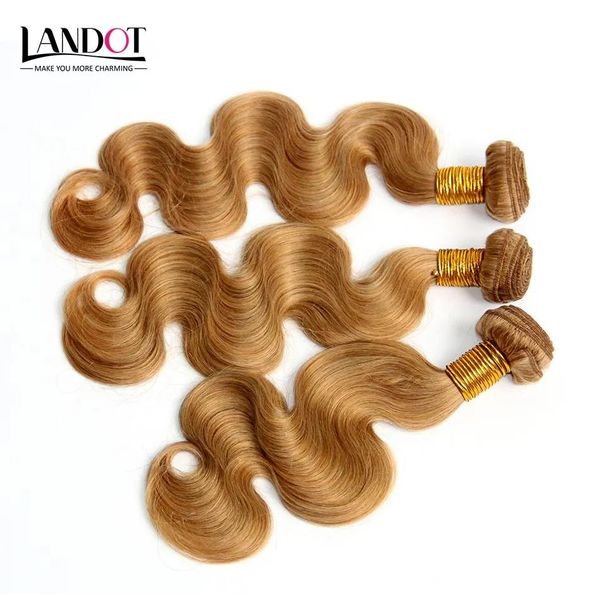 Trames Miel Blonde Indien Vague de Corps Vierge Extensions de Cheveux Humains Couleur 27 Cheveux Indiens 3Pcs Indien Ondulés Cheveux Weave Bundles Double Dessiné W