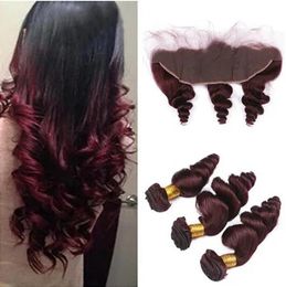 Tramas de onda suelta ondulada # 99J vino rojo cabello humano virgen brasileño con frontal 4 piezas / lote 13x4 cierre frontal de encaje burdeos con paquetes