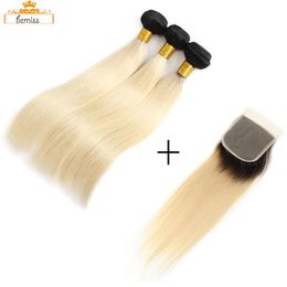 Tramas Ombre 1B 613 Paquetes de cabello humano brasileño rubio con cierre Extensiones de cabello liso brasileño sin procesar y cierre 1b 613 Bu